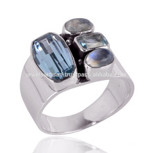 New Arrival Rainbow Moonstone And Blue Topaz 925 Solid Silver Ring